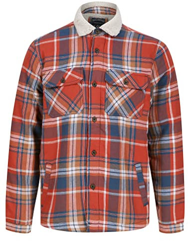 Hess Sherpa Fleece Lined Checked Flannel Cotton Overshirt Jacket in Red Ochre - Tokyo Laundry - L