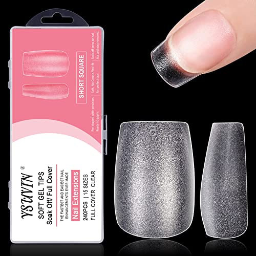 Yueshop Soft Gel Full Cover Short Square Nail Tips -240PCS Gelly Gel Matte Full Cover Clear Break Resistant Nail Tips Kit 15 Sizes for DIY Manicure Nail Art Salon