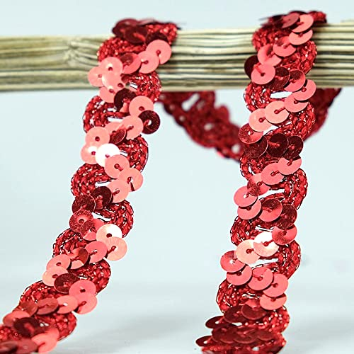 12 Meter 18mm Glitzer Pailletten Spitzenband Paillettenband Spitzenborte Geflochten Dekoband Zierband Borten Bänder Pailletten Bänder Trim Bortenband für DIY Nähen Kostüme Handwerk Verzierungen,Rot