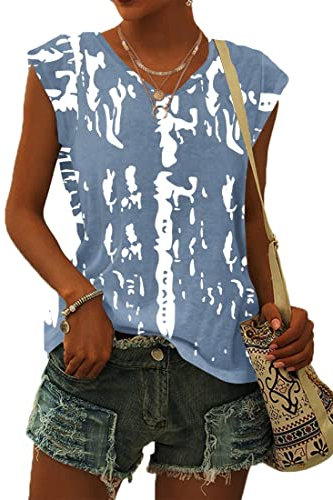 WNEEDU T-Shirt Damen Sommer V Ausschnitt Tank Top Locker Bluse Oberteile Top Sommer Damen Leicht und Luftig mit Flügelärmeln Graffiti Grau L