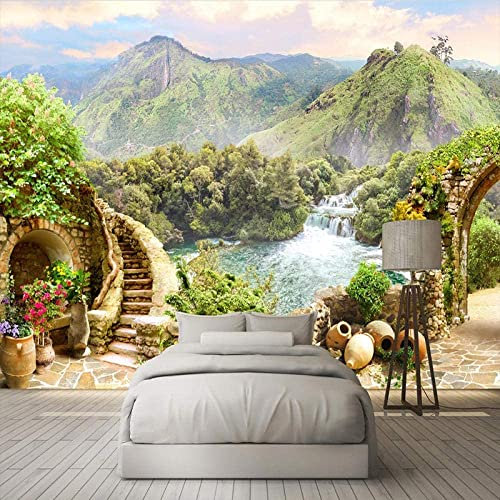 Jardin Balcon Montagne Chute D'Eau Vert Paysage Papier Peint Mural, 3D Papier Peint Auto-Adhésif Peel And Stick Pour Salon Chambre Tv Fond Bureau Restaurant Motif Chambre Affiches Mu 140(L) x70(H) cm