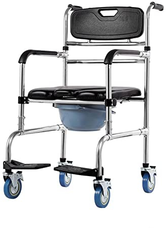 Höhenverstellbarer Duschstuhl mit Rollen und Armlehne für ältere Menschen - Rutschfester Nachttisch-Toilettenstuhl mit Rückenlehne und Toilette - Trägt bis zu 150 kg