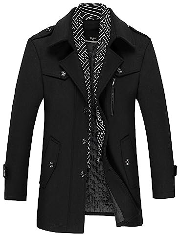 Allthemen Manteau Homme Hiver Court Trench Coat en Laine Chaud Veste Slim Epais Pardessus Parka Coupe Vent Jacket Col Revers Noir 3XL