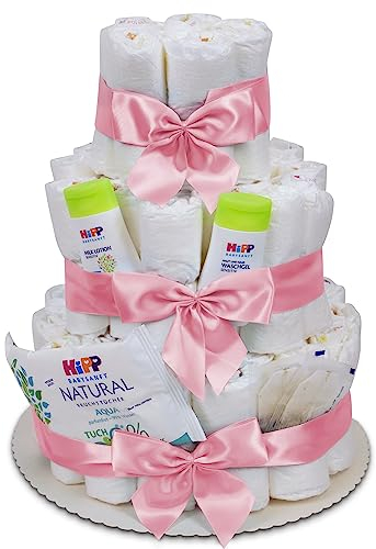 MilaBoo® 3-stöckige Windeltorte mit Premiumprodukten I Geschenk zur Geburt (3-stöckig rosa)
