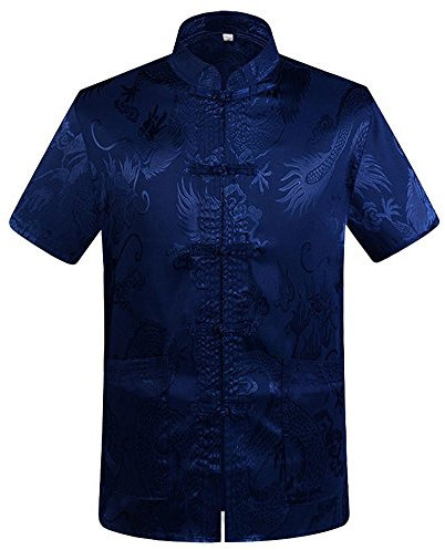 Rubruan Chemise de dragon chinois - Costume traditionnel Tangzhuang - Arts martiaux - Kung Fu Tai Chi Qigong - Manches courtes - Col montant - Veste uniforme pour homme, bleu, M