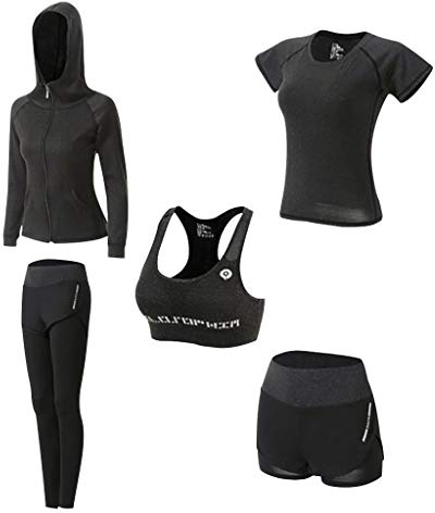 Tenue de Sport Femme Ensemble Sport Jogging Gym Survêtement 5 Pièce Tenue Fitness Yoga Pilates Tennis Vêtements Sportswear
