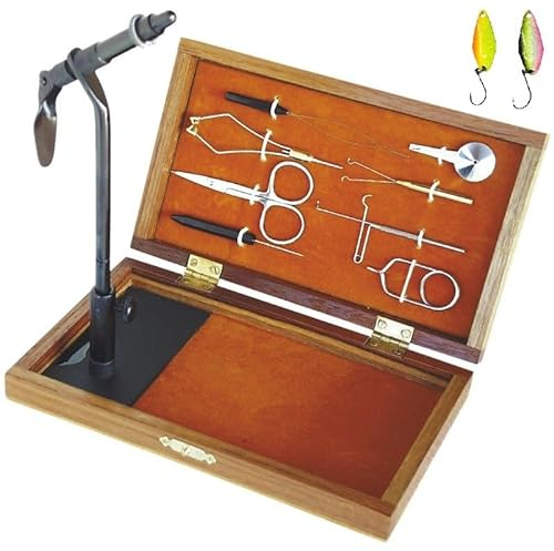 blntackle76 Set Fliegen-Bindestock aus edlem Holz, Bindeset zum Fliegen binden Bindewerkzeug + 2 gratis Forellen-Spoons