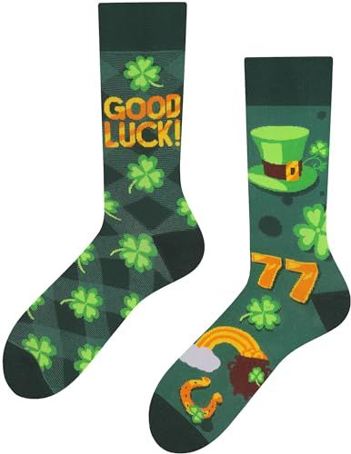 TODO Lustige Good Luck Socken Herren und Damen - 777 - St. Patrick Socken mit Hufeisen, Topf voll Gold (Kleeblatt Socken 39-42)