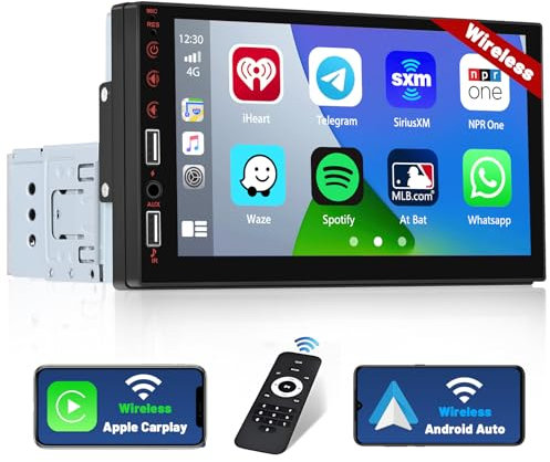 Hikity Single Din Car Stereo with Wireless Apple CarPlay Android Auto, 7 Inch Touch Screen Bluetooth Car Radio Hands-Free FM AUX USB Rear View Camera Remote Control