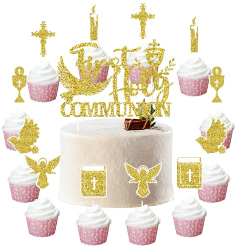 NHCMDSB Decorazione per Torta di Comunione,Decorazione Torta Prima Comunione Decorazione Torta Comunione Glitterata Via Crucis Decorazione Torta Calice Santa Comunione, Battesimo-12Pcs