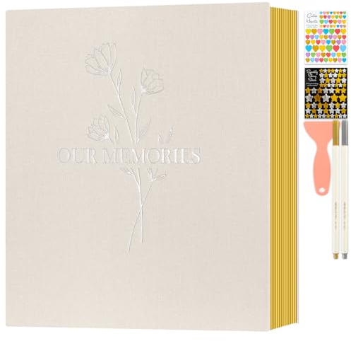 Lanpn Fotoalbum Selbstklebend Einkleben Scrapbook, Klein Leinen OUR MEMORIES Groß Weiße Seiten Fotobuch zum Selbstgestalten für 10x15cm 13x18cm A5 Bilder (20 Blatt/40 Seiten,Beige)