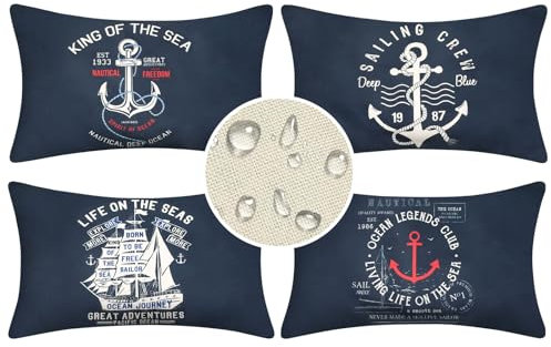 EliteHomeComforts Outdoor Kissenbezüge 30x50 Navy Blau Kissen Bezug Maritim Kissenhülle Balkon Wasserfest Dekokissen Maritime 4 Stück Kissenbezug Wasserdicht Dekorativ für Terrassen Sofa Kissen Deko…