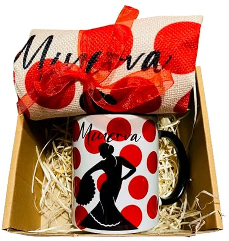 Pack taza flamenca+ bolsa de tela flamenca personalizados, kit regalo para flamencas, bailaoras personalizadp, bolsa de tela con taza personalizada, (Pack flamenca personalizada)