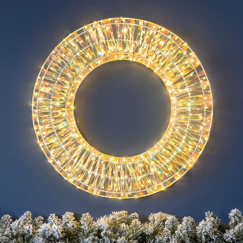 CHRISTOW Light Up Christmas Wreath 50cm, Iridescent Warm White Micro LED Hanging Door Wall Window Decoration, Mains Powered, Indoor Outdoor Home Garden (380 LEDs)