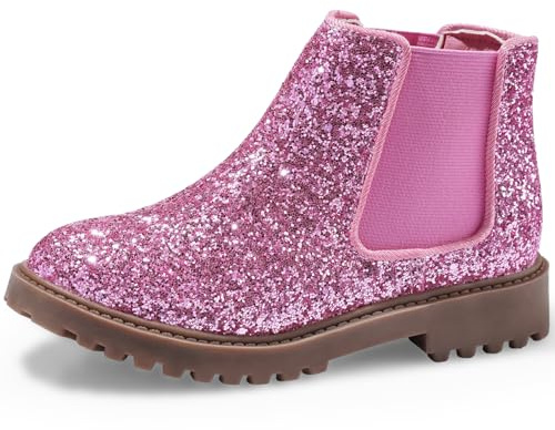 Harvest Land Girls Boots Kids Ankle Boots Zipper School Shoes Elegant Big Kid Fashion Winter Boots Zip-up Short Flat Bootie for Junior/Yourth Pink-Glitter UK12