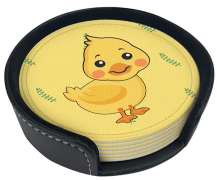 Cartoon Ente Runde Leder Untersetzer 6er Set Getränkeuntersetzer mit Halter Niedlich Dekorativ für Getränke und Bieruntersetzer