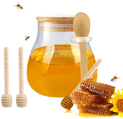 Gzsekken Honey Pot with Drizzler, Glass Honey Jar Spoon and Lid,12 Oz/350ml Sweet Dispenser Clear Coffee Syrup Container Holder Coffee Station Accessories for Home Kitchen, Coffee Bar