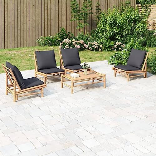 WEMYUFURN 5-TLG. Garten-Lounge-Set mit Dunkelgrauen Kissen Bambus, Outdoor-Sitzgruppe, Terrassen-Lounge-Set, Garten-Couchgarnitur - Wetterbeständig, Komfortabel - für Terrasse, Garten und Balkon