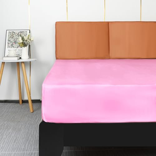 Lirex Satin Spannbettlaken 180x200cm, Seide Spannbetttuch Luxuriös und Seidig Glatt Weiche Microfaser Bettlaken für bis 35cm Matraze, Sakura Rosa