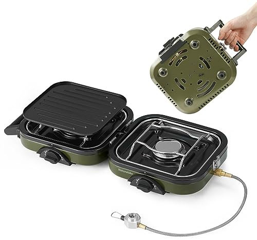 Réchaud de camping 2 en 1 – Réchaud à gaz portable pliable à double feu avec brûleurs réglables, poignée de transport, poêle en fer pour camping et randonnée