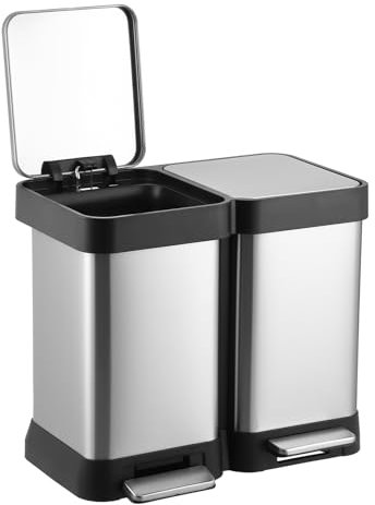 OPULENTHOME Mülleimer 2 Fächer, Mülltrennsystem,2 x 20 Liter Mülleimer Küche aus Edelstahl,Anti-Fingerabdruck, Softclose-Deckel, Fußbetätigter Mülleimer,Ohne Inneneimer, Silber