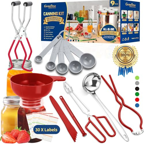 Canning Supplies Starter Kit,Canning Kit for Beginners of 9 with Jar Lifter，Wide Mouth Funnel,Wrench,Tongs,Lid Lifter,Bubble Popper,Canning Labels,ladle,Measuring Spoon-Red