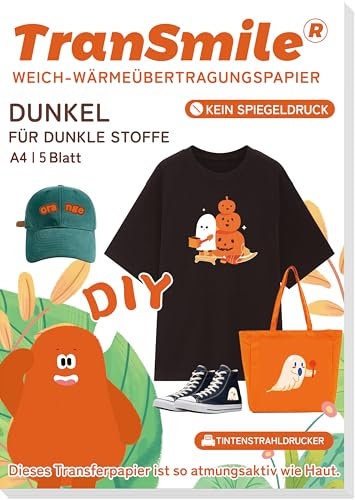 TRANSMILE 5 Blatt,A4 +1 Silikonpapier A3, Inkjet Transferpapier Bügelfolie für dunkle T-Shirts, bedruckbares Transfer-Vinyl zum Aufbügeln für Tintenstrahldrucker (DTM-3-1.0-5)