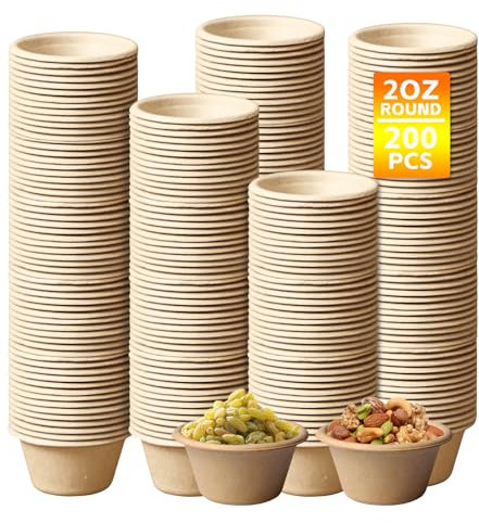 Lot de 200 petits bols compostables en carton - Petits bols à sauce - Mini gobelets en papier - Pour sauces, confiture - 2 oz