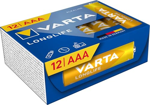 VARTA Pile AAA, confezione da 12, Longlife, Alcaline, 1,5V, ideale per telecomandi, sveglie, radio, orologi da parete, imballaggio riciclato al 90%, Made in Germany | LR03 1,5 V, Made in Germany, conservazione fino a 10 anni, per telecomando, orologio da parete, radio, sveglia o torcia