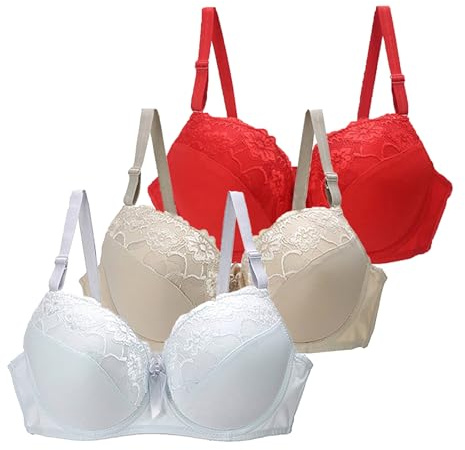 CSWH 3er Pack BHS Damen mit Bügel Push Up Sexy Spitzen-BH Frauen Starker Halt Große Brüste Klassische BH Set Bequemer Unterwäsche Bra mit Verstellbaren Trägern für Alltag