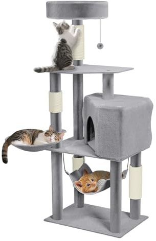 YRHome Hellgrau Katzenbaum groß 133.5 cm Aktivitätskratzbäum mit Kratzsäulen Plattformen Hängematte und Korb mehrstöckiger Kratzbaum Katzenhaus mit Spielmöglichkeiten