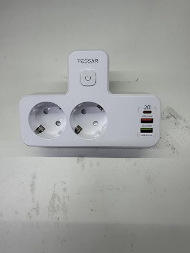 TESSAN Ladron Enchufes USB con Luz Bebe Nocturna, PD 20W Cargador USB C, 5 en 1 Enchufe múltiple en Forma de T, Ladron Enchufes Plano con Interruptor，4000W Regleta Pared para Oficina, Cocina, Blanco