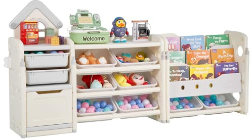 VEVOR Kids Toy Storage with Bookshelf, 4-Tier Toy Storage Organizer with 10 Movable Plastic Bins, Kids Cubby Cabinet with Bookshelf for Study Room, Bedroom, Playroom, Classroom, Nursery, Gray + Beige