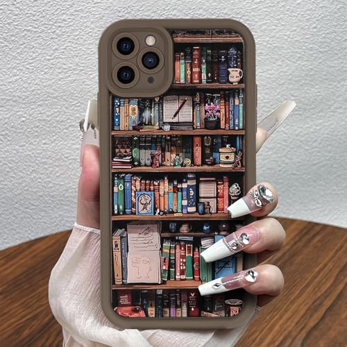 Cute Brown Phone Case for iPhone 11 Pro Max, Vintage Bookshelf Shockproof Bumper Case for Women Girls, Soft TPU Slim Girly Cute Protective Cover for iPhone 11 Pro Max