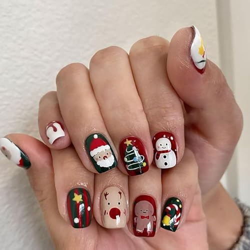 Christmas Press on Nails Short Square False Nails, 24 PCS Santa Claus, reindeer, snowman Fake Nail, 2026 Acrylic Full Cover Stick on Nails with Glue for Women Christmas Festival Nail Art Manicure