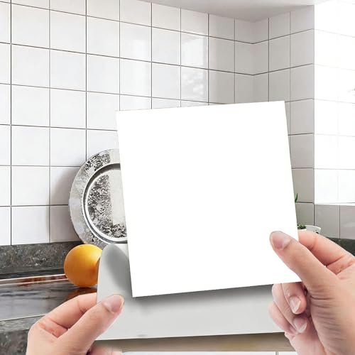 Fliesenaufkleber 15x15cm,Selbstklebende Fliesenfolie für Bad & Küche, Wasserfeste Klebefliesen für Küchenrückwand, Fliesen überkleben, PVC Wandfolie (Weiß-48 Stück)