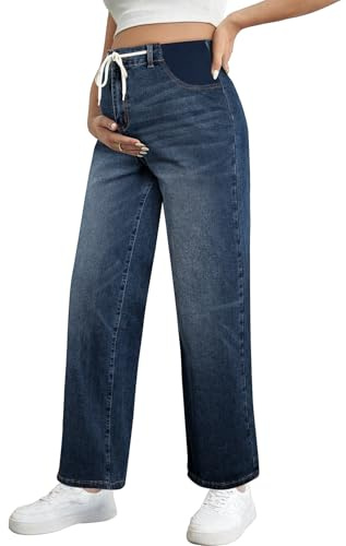 BLENCOT Women's Maternity Jeans Work Pants High Waisted Drawstring Stretchy Straight Leg Pregnancy Clothes Navy Blue Large
