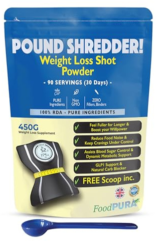FoodPURA Pound Shredder! Weight Loss Shot Powder Support Supplement 90 Servings 30 Days Carb Blocker + Appetite Suppressant + Fat Burner + Blood Sugar Control + Metabolism Booster