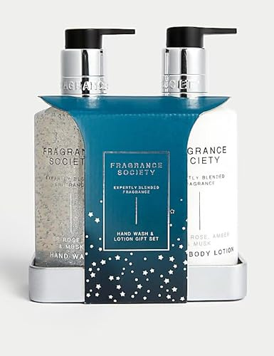 Mārks & Spēncēr | Fragrance Society - Winter Rose Hand Wash & Lotion Gift Set | Rose Amber & Musk Scent with Reusable Tin Tray | 265mL Each