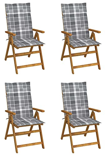 Owoxanthellate 4er Set Akazie Holz Gartenstühle Hochlehner mit grauem Karokissen 57x69x111 cm verstellbar klappbar für Garten Balkon Terrasse