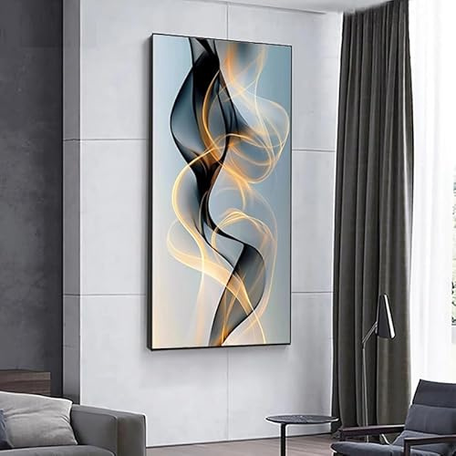 UUDEZO Modernes abstraktes Leinwandbild mit gerahmten Linien, horizontalen Wellenlinien und goldenem Design – Wanddekoration fürs Wohnzimmer (40 x 80 cm (16 x 32 Zoll), schwarzer Rahmen)