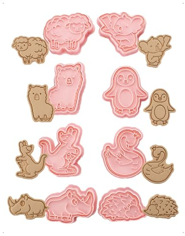 KONFEN 8er-Set 3D-Ausstechformen Dschungeltiere Kunststoff Kekse, Geburtstag Ausstechformen Fondant Backwaren Desserts, Schaf Koala Lama Pinguin Känguru Schwan Nashorn Igel