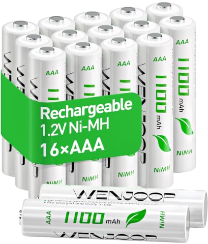 Piles Rechargeables AAA HR03 1100mAh NiMH Lot de 16 pour radios et Lampes | Préchargées et prêtes à l'emploi | Faible autodécharge | Jusqu'à 1200 cycles | 1,2V | Pour télécommandes, jouets et souris