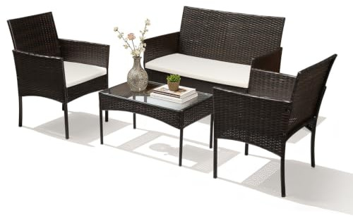 Ansobea Juego de muebles de balcón de polirratán, 4 piezas, color | Conjunto de asientos compacto con 2 sofás, 2 sillas, mesa de cristal y cojines de 5 cm para pequeñas áreas al aire libre