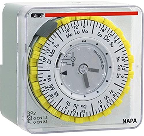 VEMER VP885800 NAPA-W - Interruttore Orario Elettromeccanico a Cavalieri, Programmazione Settimanale, Installazione a Parete, Pannello o su Barra DIN, Riserva di Carica 100h, Grigio Chiaro