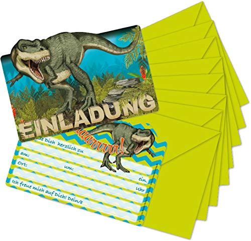 Mauder Verlag 16-teiliges Set: 8 Einladungskarten mit 8 Umschläge * Dinosaurier & T-REX * für Kindergeburtstag vom Lutz 26023 // Kinder Geburtstag Einladung Karten Dino