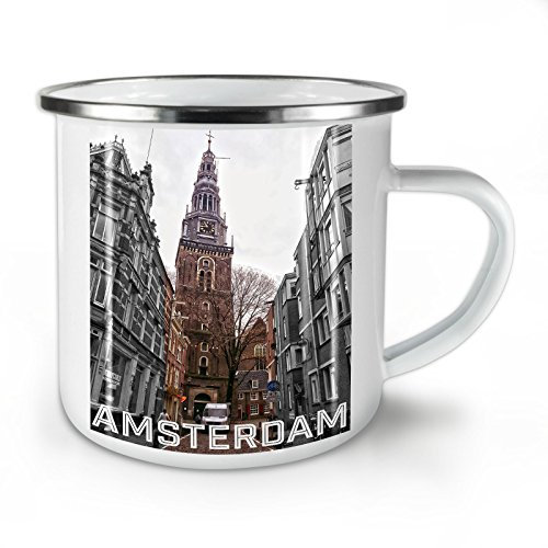 Amsterdam Uhr Turm Emaille-Becher, Niederlande - 10 Unzen-Tasse - Kräftiger, griffiger Griff, Zweiseitiger Druck, Ideal für Camping und Outdoor von Wellcoda