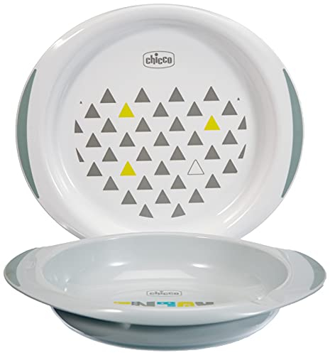 Chicco Coffret Repas pour Enfants, 2 Assiettes réutilisables pour Bébé,1 Creuse et 1 Plate,Base et Poignées Latérales Antidérapantes,Prise Érgonomique,Repose-Cuillère, Accessoire de Repas,dès 12 Mois