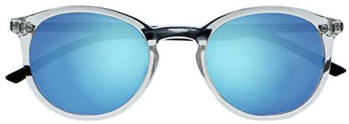 OPULIZE Met Sonnen Leser Brille Schlank Runder Rahmen Federscharniere Blau Verspiegelt Getönte Linse UV400-Schutz Transparent Kristall Schwarze Bügel Herren Damen S60-C -1.00