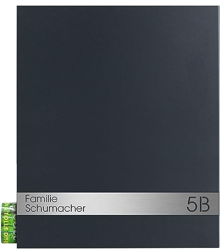 Briefkasten anthrazit mit Hausnummer und Name (RAL 7016) MOCAVI Box 111 Postkasten mit Zeitungsfach rostfrei V4A-Edelstahl-Schild mit Gravur schmal Wand-Briefkasten wetterfest